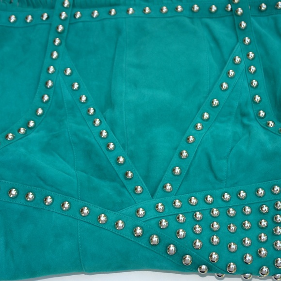 NWT X by NBD Nomi Green Suede Studded Halter Mini Dress Open Back Fringe Size XS - Picture 10 of 12